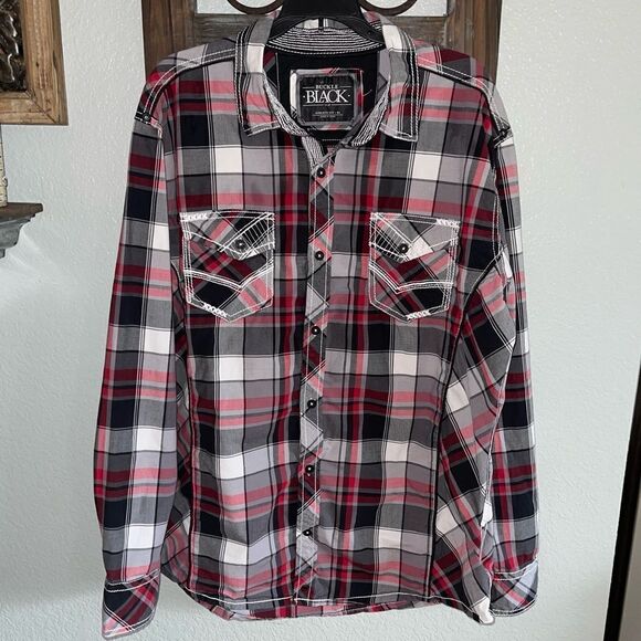 Buckle Black Plaid Topstitching Long Sleeve Button Down Tops Men’s XL - Picture 14 of 15